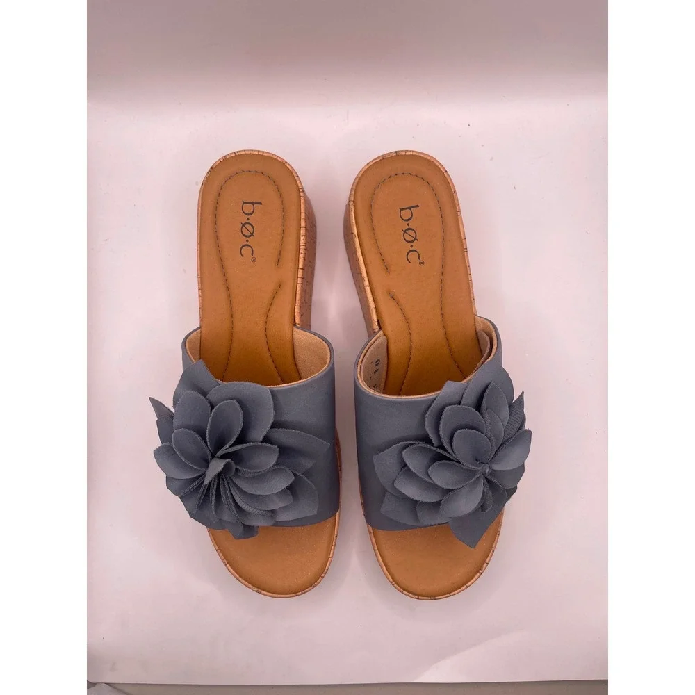 B.O.C. Laryssa Light Blue Floral Platform Slide Sandals Cork Wedge Womens